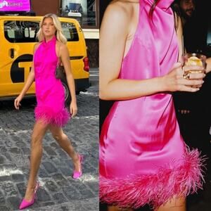 Amanda Uprichard | Lunaria Dress in Hot Pink Silk Halter Mini Dress Feathers M
